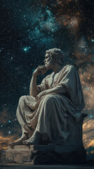 Obraz premium Ancient Stoic philosopher contemplating stars, reflecting on universes mysteries. serene expression evokes sense of wonder and introspection