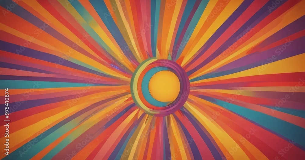 Poster a vibrant abstract composition with a sunburst pattern, where the sun is represented by a large, yel