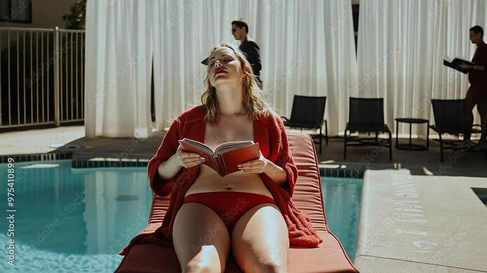 Poster woman relaxing by the pool while reading a book in warm sunlight generative ai