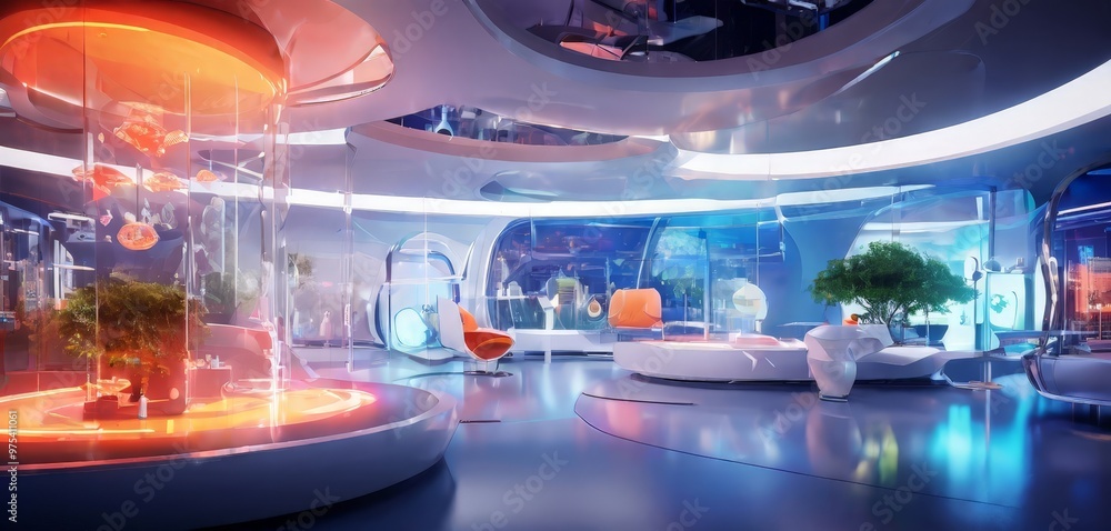 Poster a futuristic, circular room with a central fountain, surrounded by various objects and furniture, cr