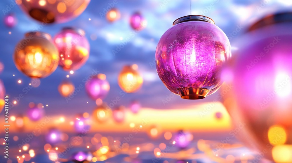 Poster colorful lanterns float in the twilight sky, creating a magical atmosphere with vibrant hues and sof