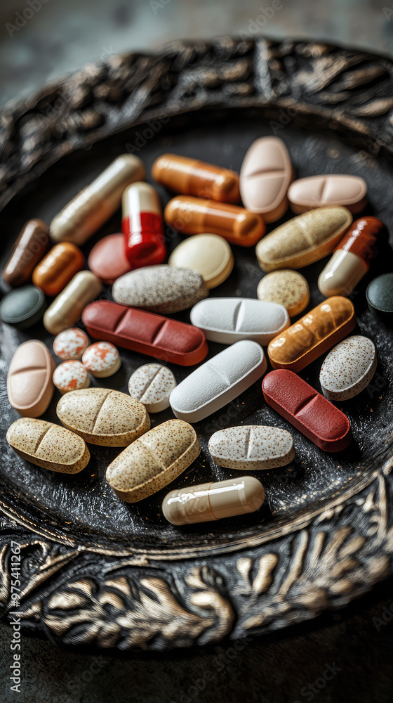 Poster an elegant arrangement of pills in different colors showcases variety of shapes and sizes, creating 