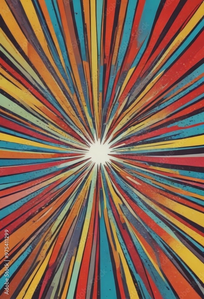 Poster a vibrant abstract composition with a central white starburst surrounded by radiating lines in a var