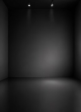 A dark, empty room with a simple, minimalist design, featuring two spotlights on the ceiling and a smooth, reflective floor.