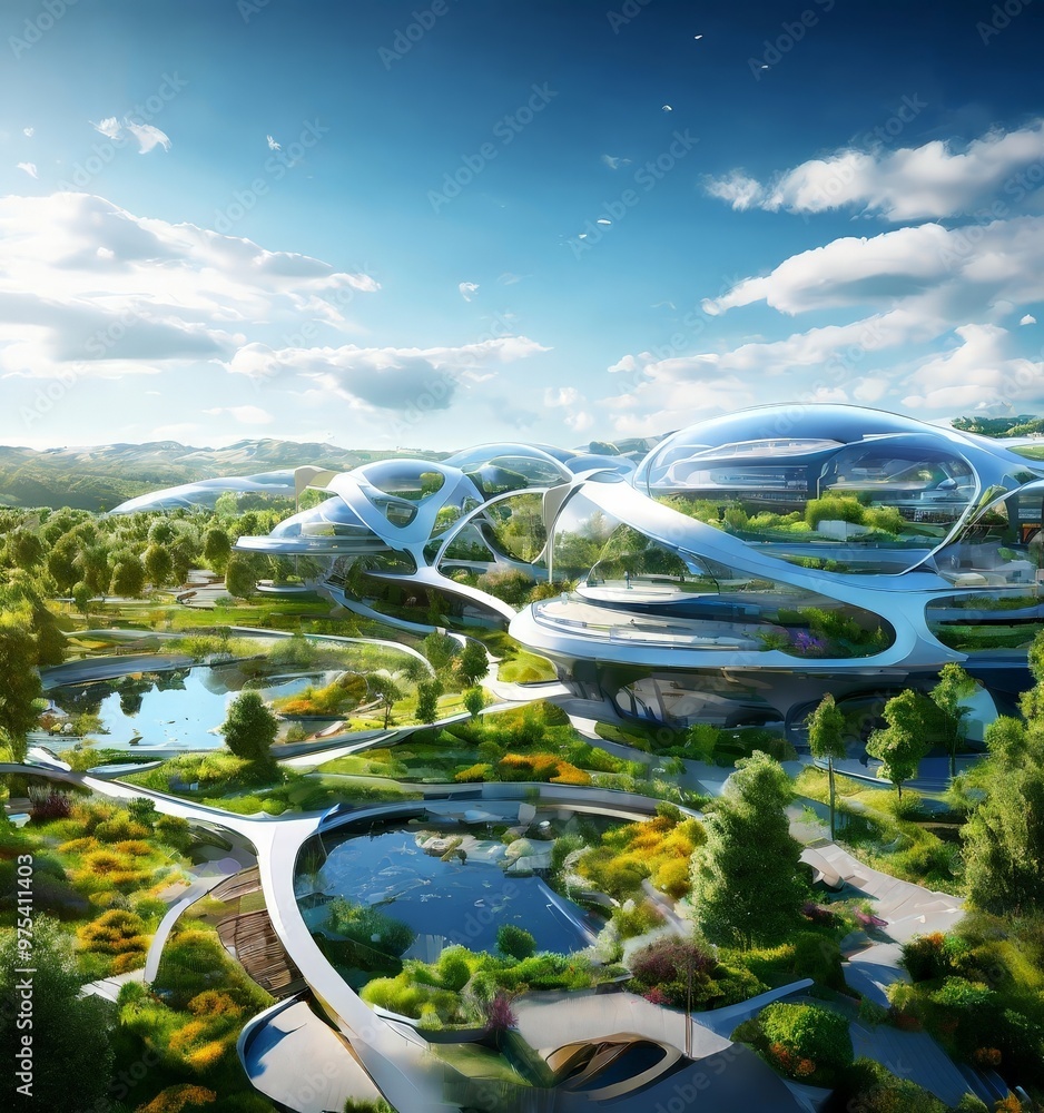 Aufkleber the image presents a futuristic architectural design, featuring a complex network of interconnected 