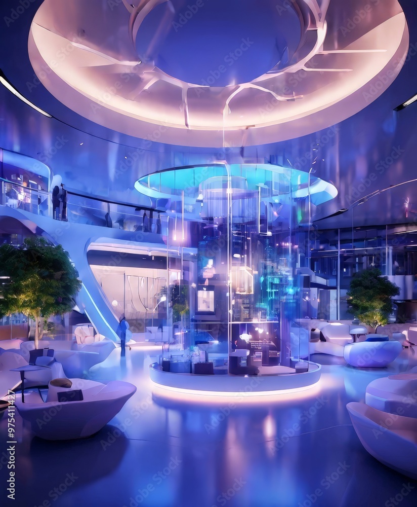 Poster a futuristic, circular lobby with a curved ceiling, a central circular structure, and a variety of s