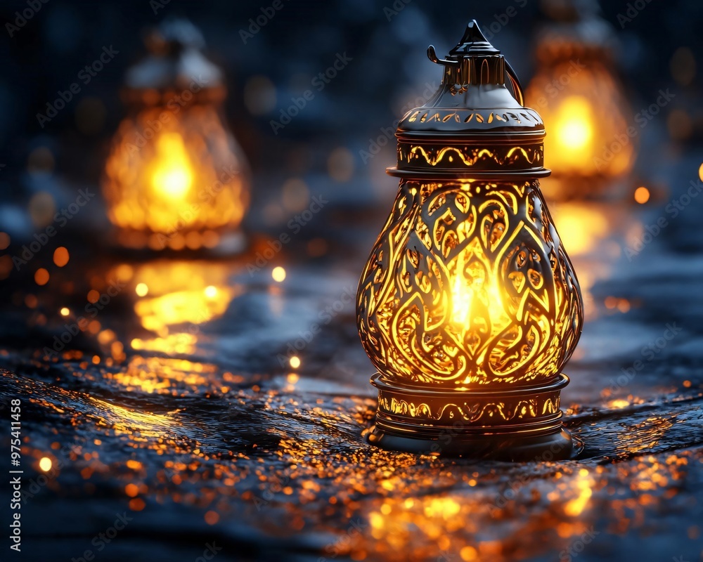 Poster elegant lanterns illuminate a dark evening with warm light, creating a serene and inviting atmospher