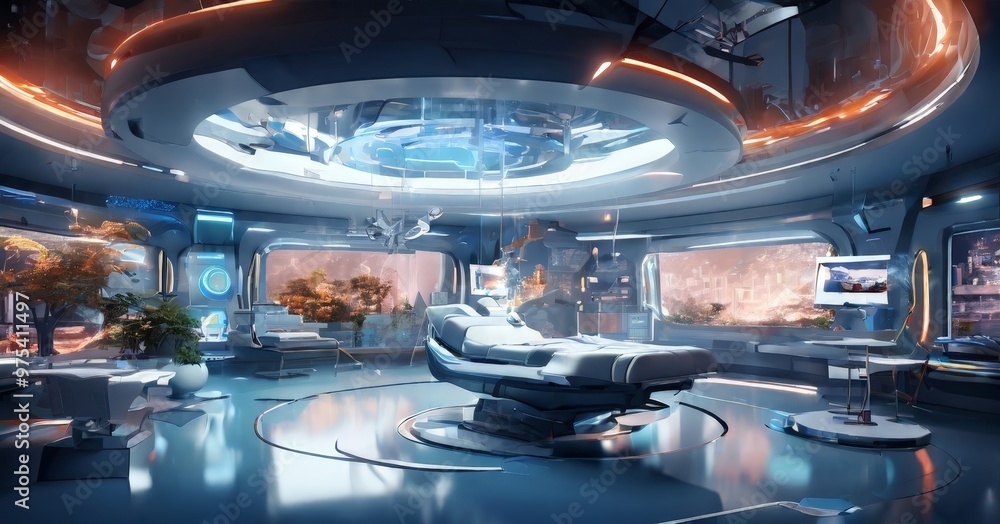 Poster a futuristic, circular room with a large circular ceiling, a circular table, and a circular bed. the