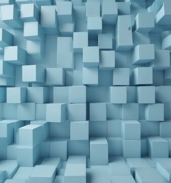 Fototapeta A 3D of a geometric pattern composed of numerous light blue cubes arranged in a grid-like fashion, creating a visually striking and abstract background.