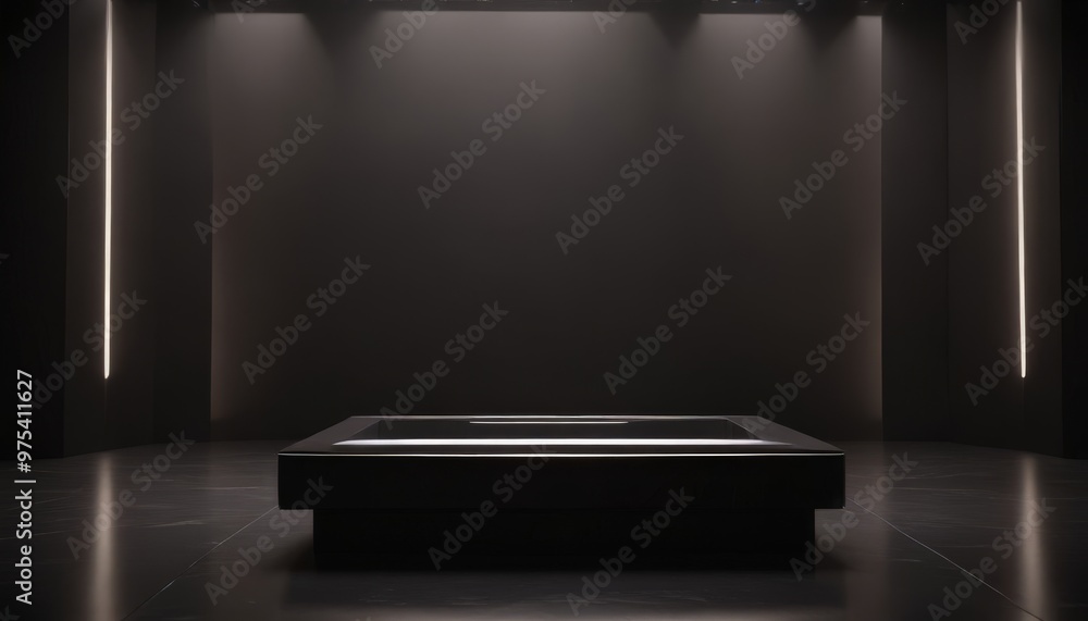 Aufkleber a minimalist black table with a white rectangular top sits in a dimly lit room with a dark gray wall