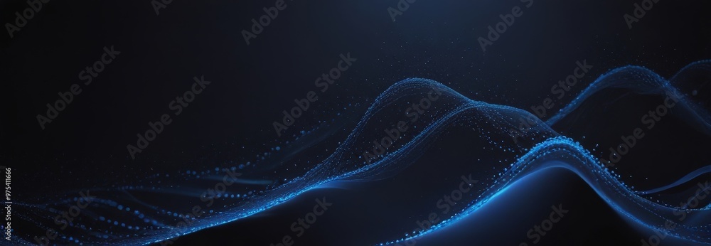 Poster the image presents a dark blue abstract background with a wave-like pattern of blue particles or lin