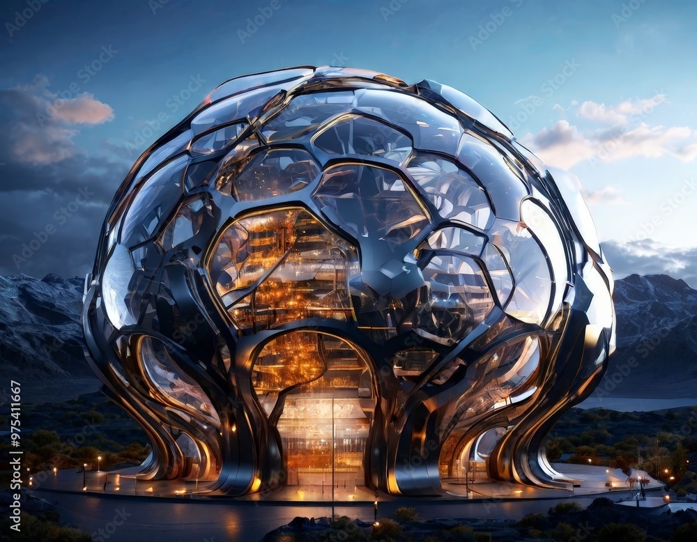 Poster a futuristic architectural structure with a spherical, honeycomb-like design, illuminated by warm or