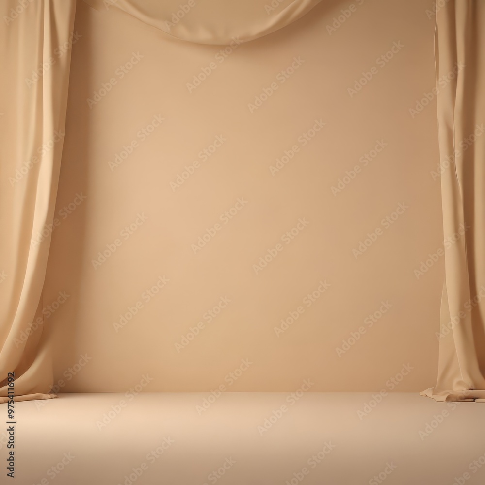 Poster a beige curtain is draped over a wall, creating a simple and minimalist backdrop for a photo shoot.