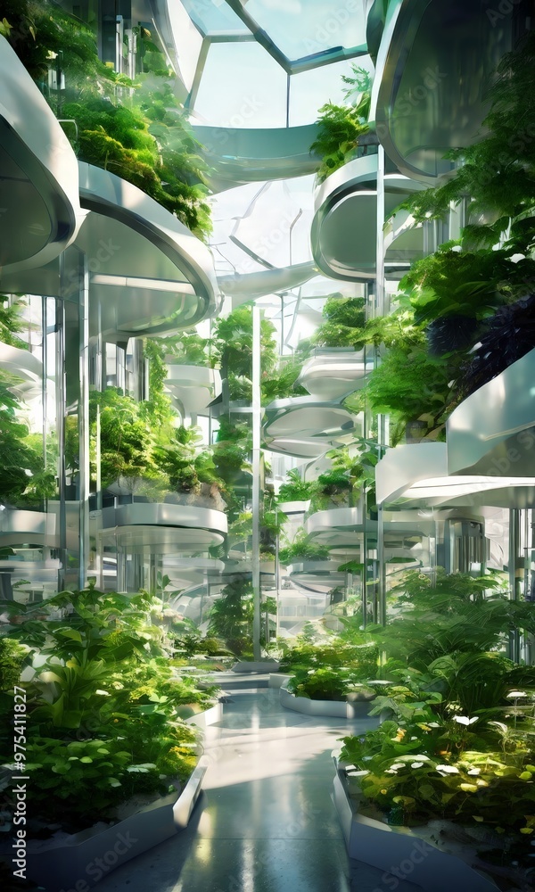 Poster a futuristic indoor garden with a variety of plants arranged in a harmonious and visually appealing 