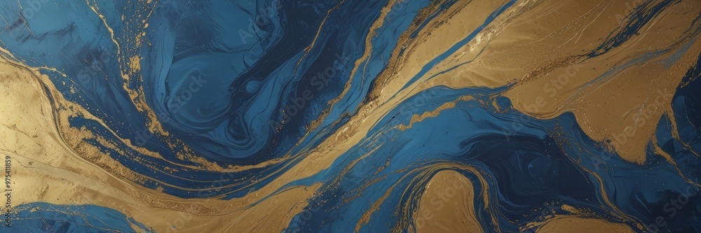 Poster a striking abstract pattern with swirling blue and gold hues, creating a sense of movement and dynam