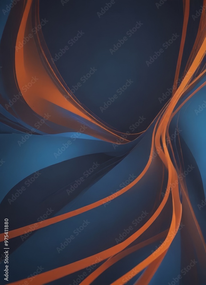 Poster a striking abstract composition of curved lines in shades of blue and orange, creating a sense of mo