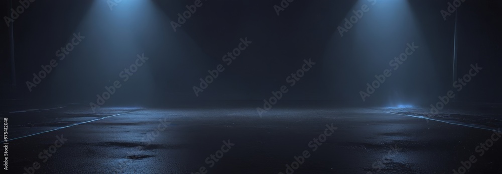 Poster a dimly lit, empty room with a wet, reflective floor and two spotlights shining down on it, creating