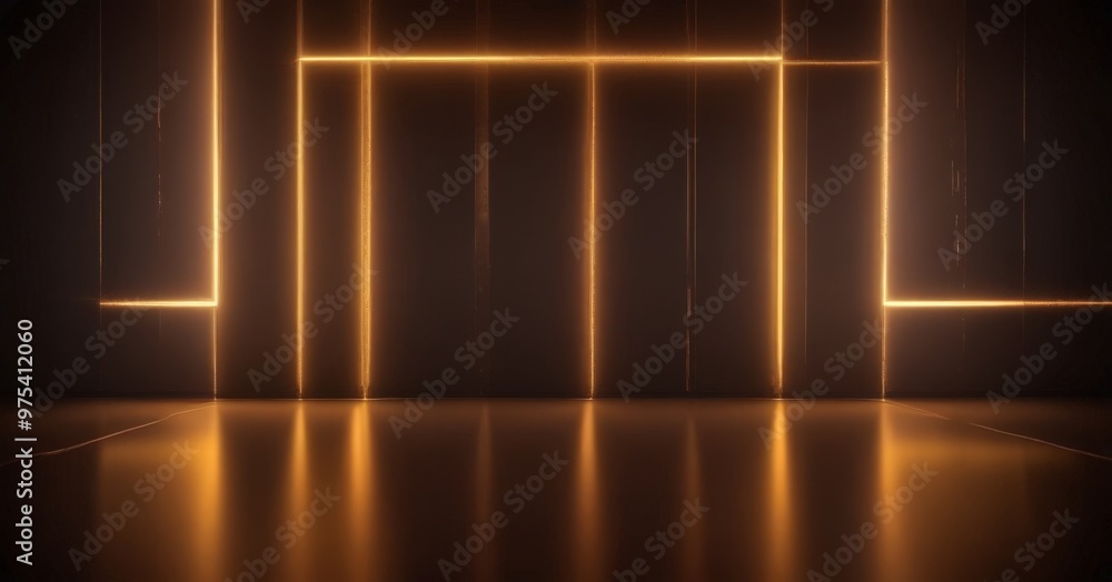 Poster a dark room with a reflective floor, illuminated by a series of bright, parallel lines of light that