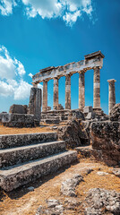 Ancient Greek temples and structures under bright blue sky create stunning historical scene. weathered columns and rocky terrain evoke sense of timelessness and grandeur