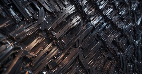 a close-up view of a dark, metallic surface with a textured, abstract pattern of intersecting lines and shapes.
