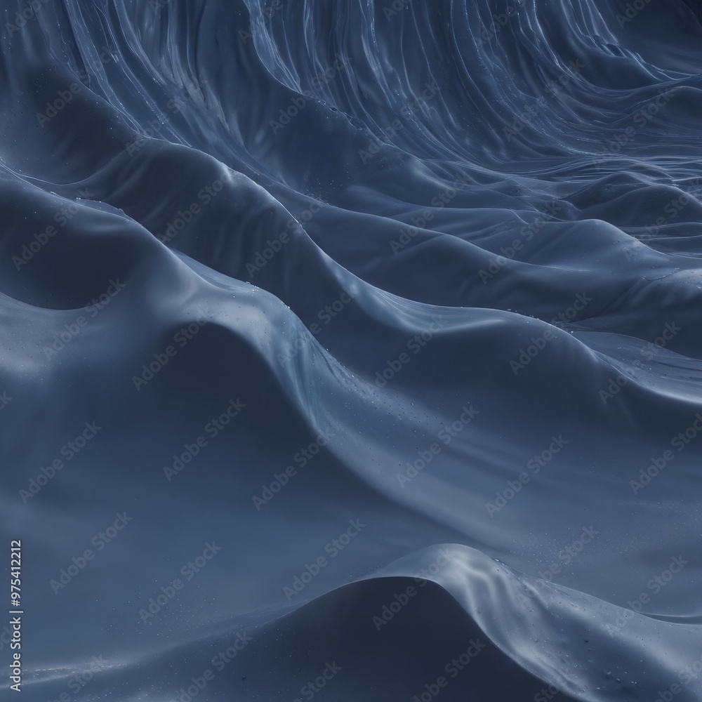 Poster a close-up view of a wave-like surface, with a dark blue color and a smooth, flowing texture.