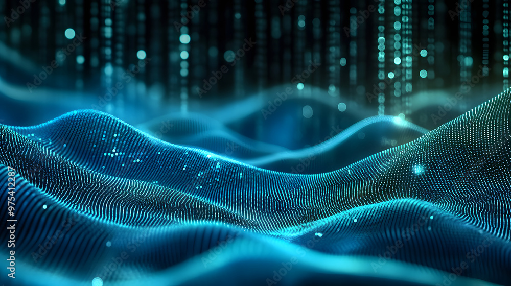 Poster abstract image featuring blue and green tones. it is a digital binary code wave background.