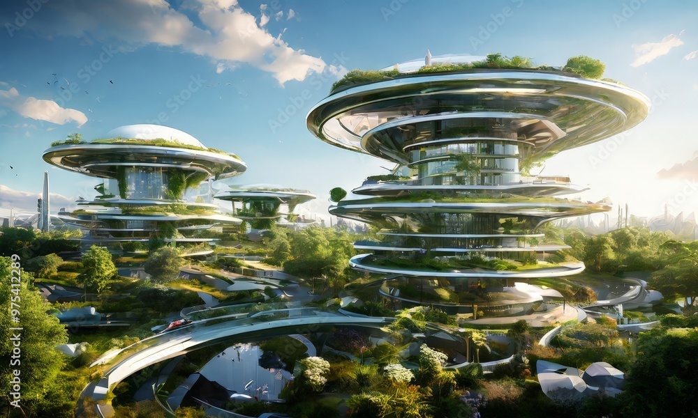 Poster a futuristic cityscape with multiple, interconnected buildings featuring a unique, circular design a