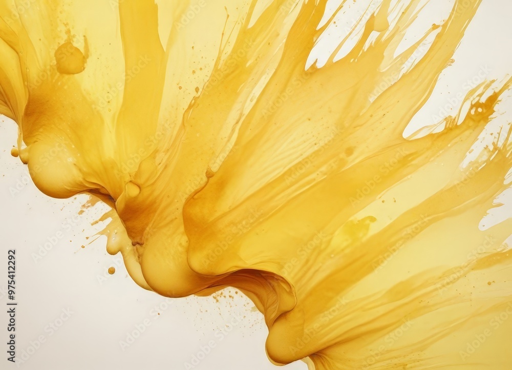 Poster a close-up view of a vibrant yellow liquid, possibly paint or ink, with splashes and drips creating 
