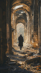 A solitary figure walks through ancient ruins, surrounded by crumbling stone arches and fallen leaves. atmosphere evokes sense of history and contemplation