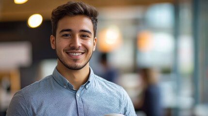 Fototapeta premium A close-up business casual portrait of a young entrepreneur with a smart-casual outfit, coffee cup in hand, blurred office background