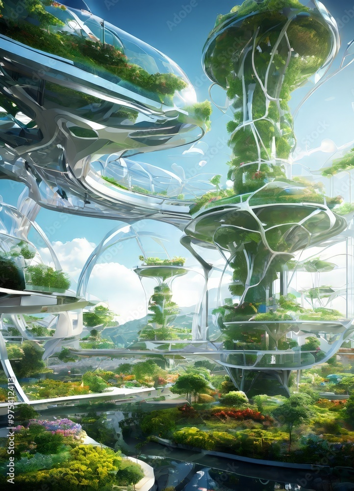 Poster a futuristic cityscape with a complex network of interconnected structures, each filled with lush gr
