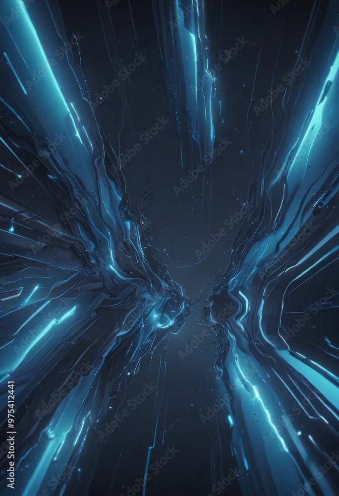 Poster a futuristic, abstract scene with a dark blue background and a central, glowing blue line that exten