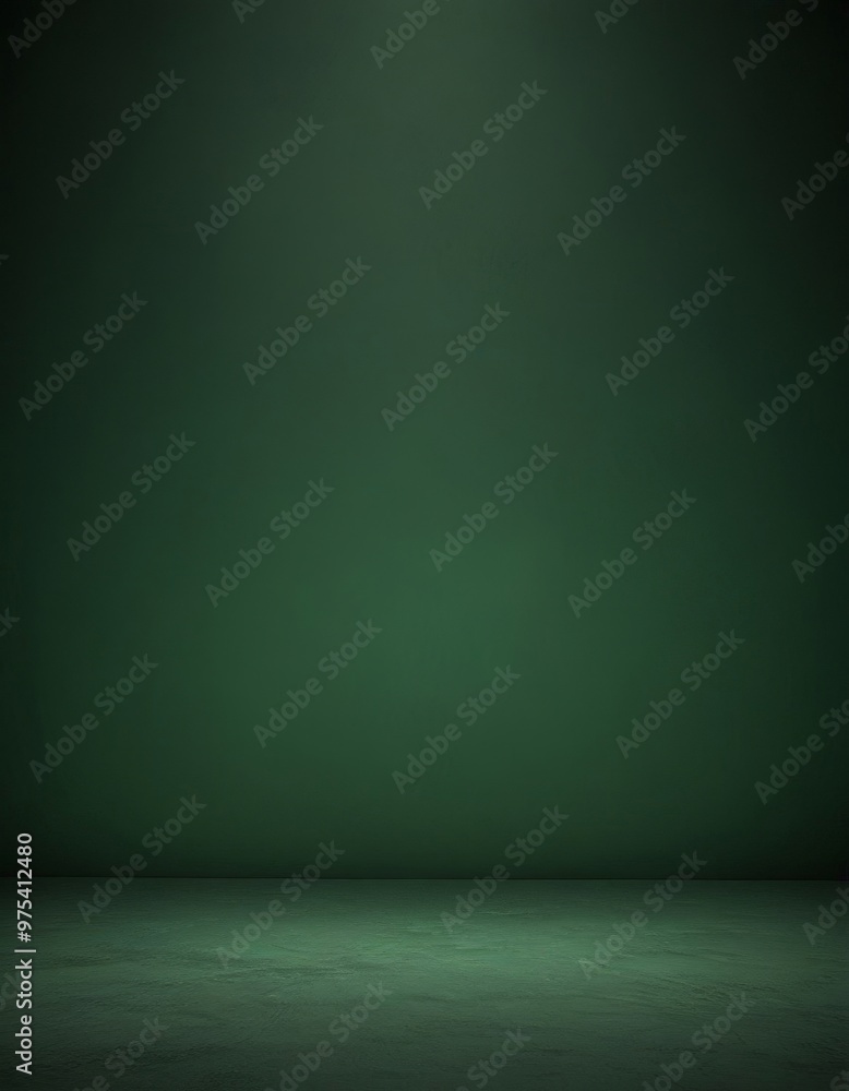 Poster a dark green, empty room with a flat, smooth surface and a single light source at the top, creating 