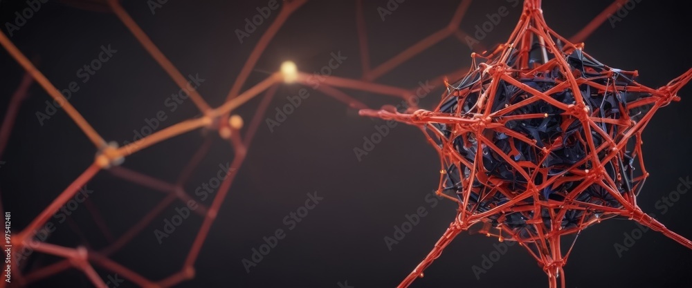 Poster a complex network of red and black lines and structures, resembling a molecular or cellular structur