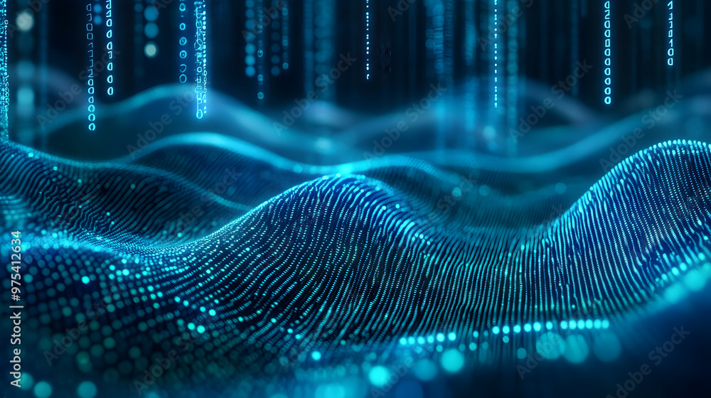 Aufkleber abstract image featuring blue and green tones. it is a digital binary code wave background.