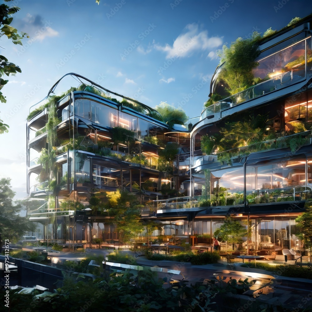 Poster a modern architectural structure with a unique design, featuring a series of interconnected balconie