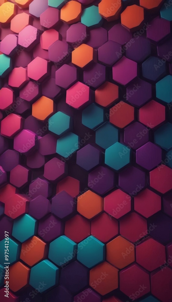 Aufkleber a vibrant array of hexagonal shapes in various shades of pink, orange, blue, and purple fills the im