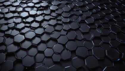 A close-up view of a dark, textured surface composed of numerous hexagonal shapes, creating a visually striking and intricate pattern.