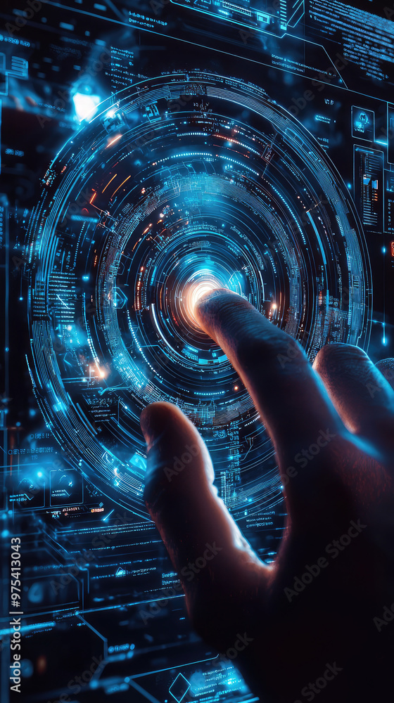 Poster a hand interacting with futuristic biometric security system featuring digital retina scan, showcasi
