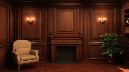 A luxurious living room with a fireplace, an armchair, and wooden walls.