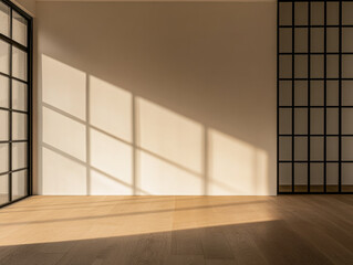 Obraz premium Minimalist living room airy corner in golden tones with a window casting natural lighting and a large shadow in the room. Residential interiors with minimal furniture or decor.