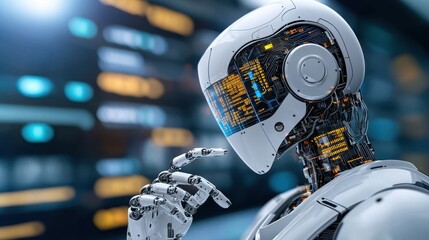 Futuristic Holographic Finance: Robotic Trader Presenting Complex Algorithm Through AI-Driven Models