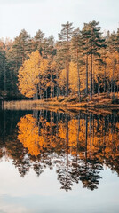 Fototapeta premium A calm lake reflects vibrant autumn trees in Swedens wilderness, creating serene and picturesque scene. golden leaves and tranquil water evoke sense of peace and natural beauty