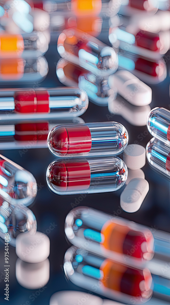 Poster capsules and tablets spread across mirrored surface create vibrant and colorful display, showcasing 