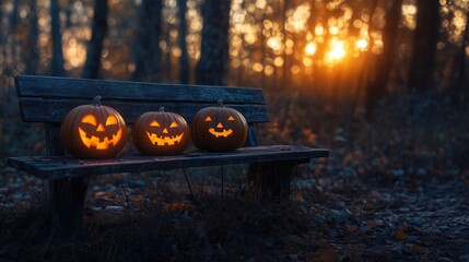 A haunting sunset in a dark forest with jack-o'-lanterns on an old wooden bench on Halloween night.