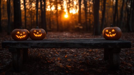 A haunting sunset in a dark forest with jack-o'-lanterns on an old wooden bench on Halloween night.