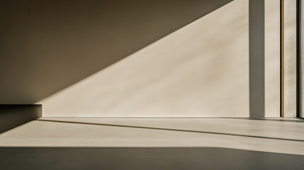 Obraz premium Minimalist living room airy corner in golden tones with a window casting natural lighting and a large shadow in the room. Residential interiors with minimal furniture or decor.