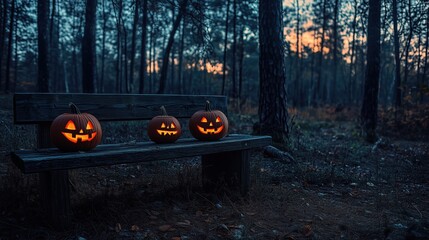 A haunting sunset in a dark forest with jack-o'-lanterns on an old wooden bench on Halloween night.