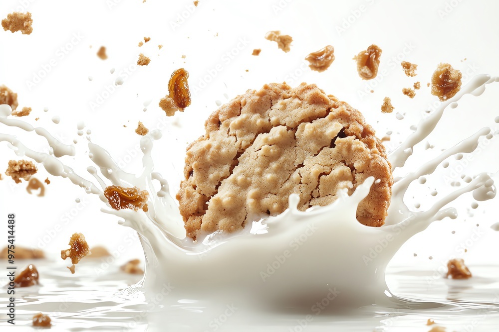 Poster a close-up of an oatmeal cookie splashing into a pool of milk.
