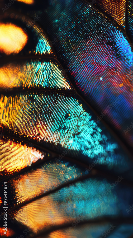 Poster close up of butterfly wing under microscope, showcasing vibrant colors and intricate patterns. iride
